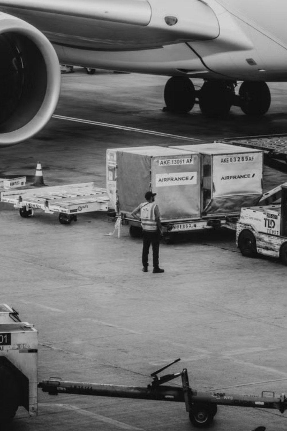 Ground crew moving air cargo containers beside an aircraft