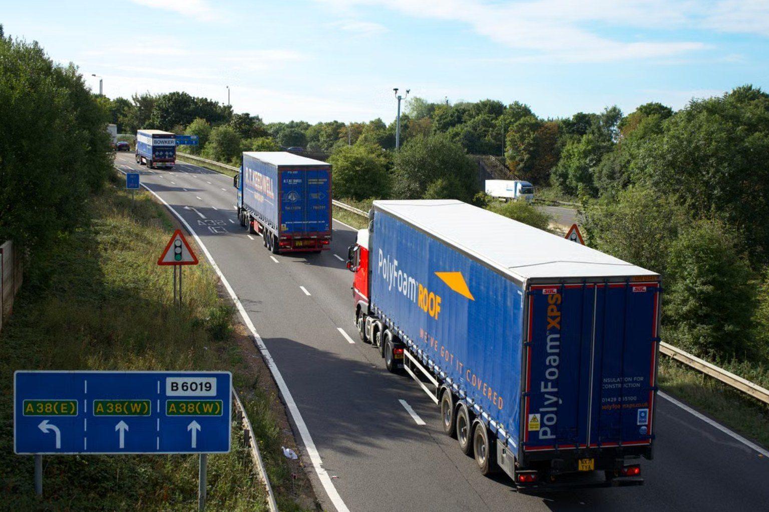 Articulated lorries on the A38 in the UK